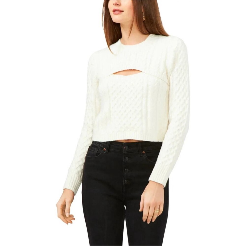 1.STATE White Cable Knit Cutout Keyhole Off White Ivory Cropped Sweater Medium